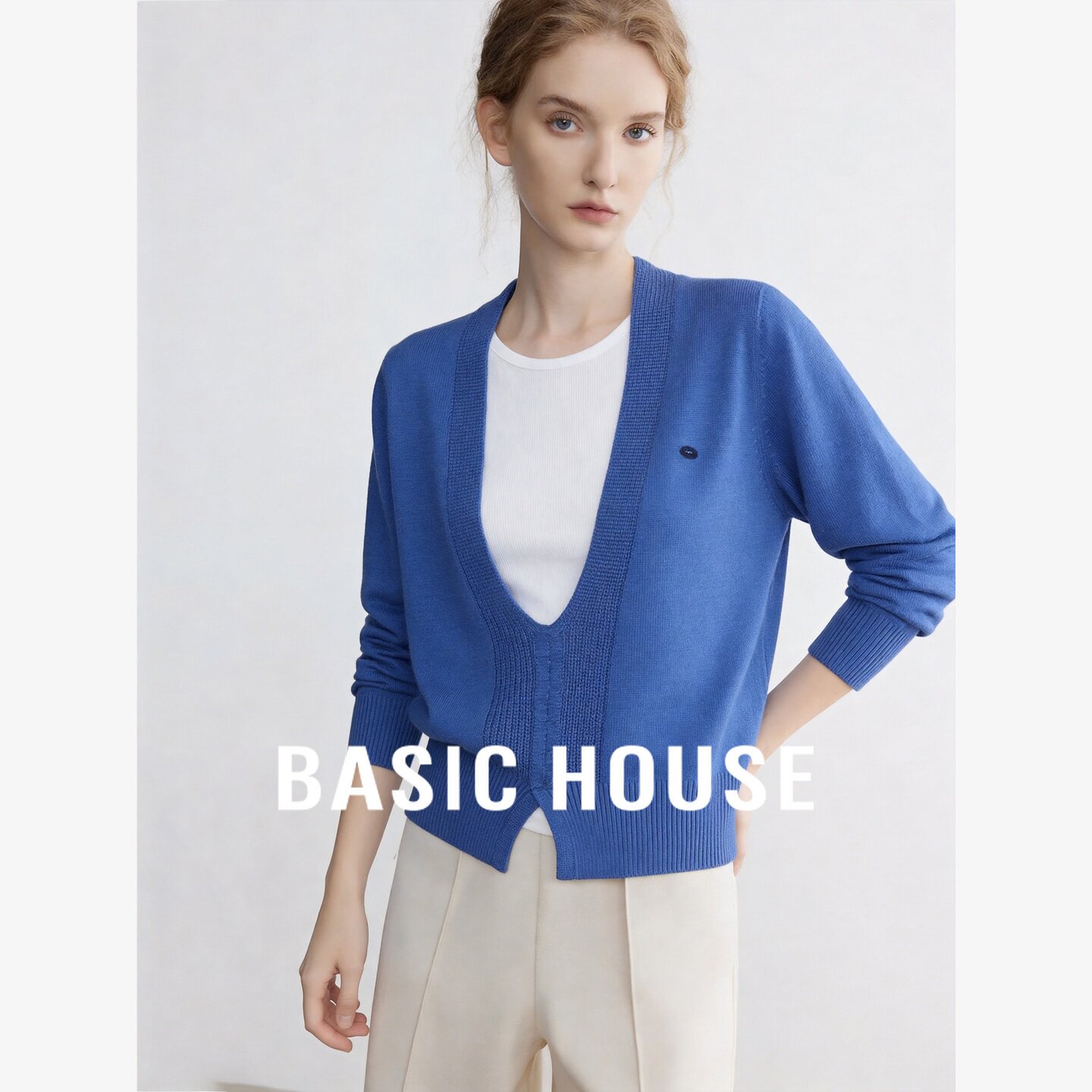 Basic House/百家好假两件V领针织开衫女装宽松显瘦百搭毛衣上衣