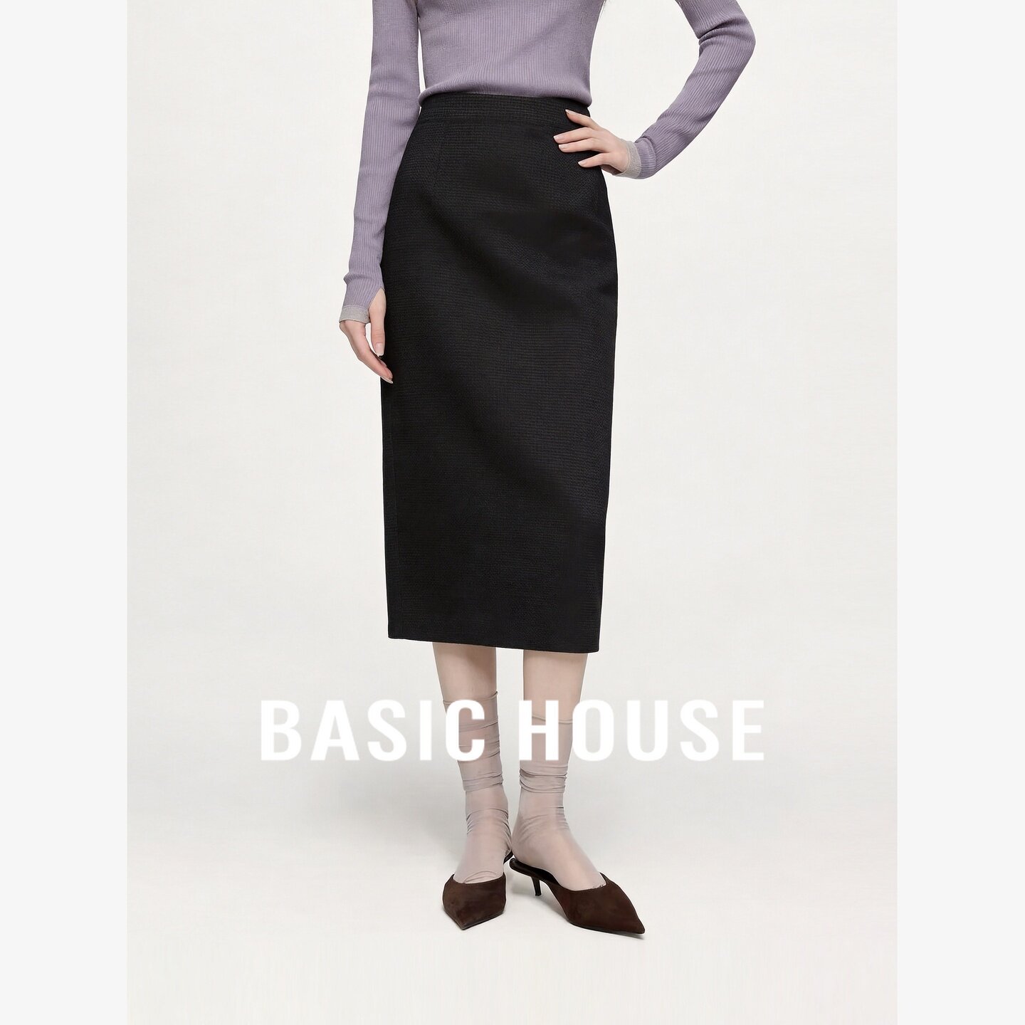 Basic House/百家好优雅高腰包臀半身裙女中长款修身气质职场裙子