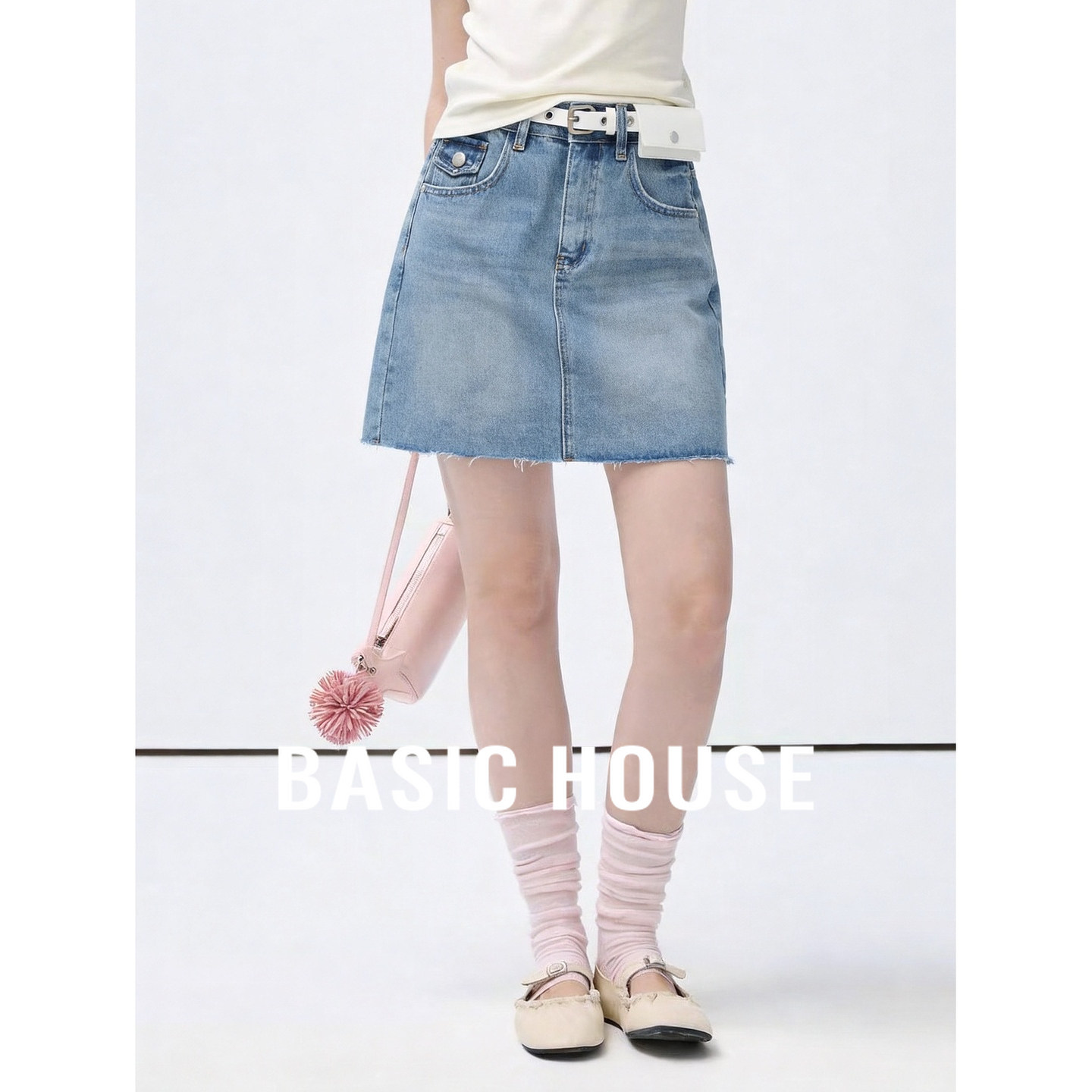 Basic House/百家好浅蓝色高腰牛仔半身裙女夏纯棉A字裙显瘦百搭