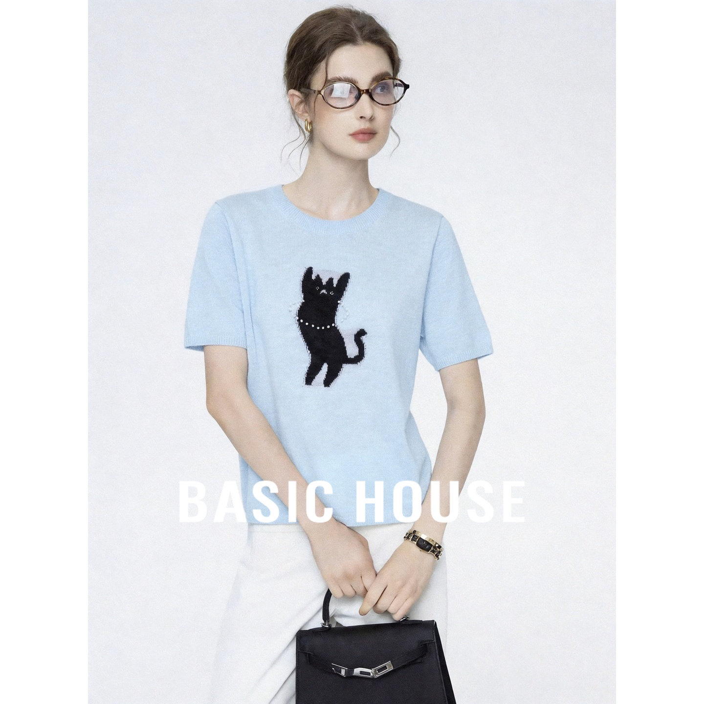 Basic House/百家好圆领刺绣小猫短袖针织衫女夏短款T恤蓝色上衣
