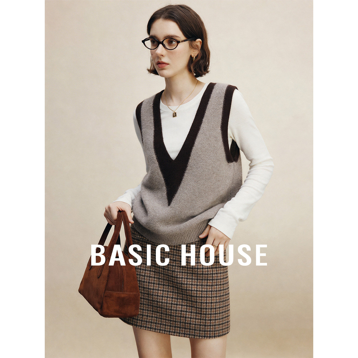 Basic House/百家好V领无袖叠穿神器马甲女26春季百搭背心针织衫