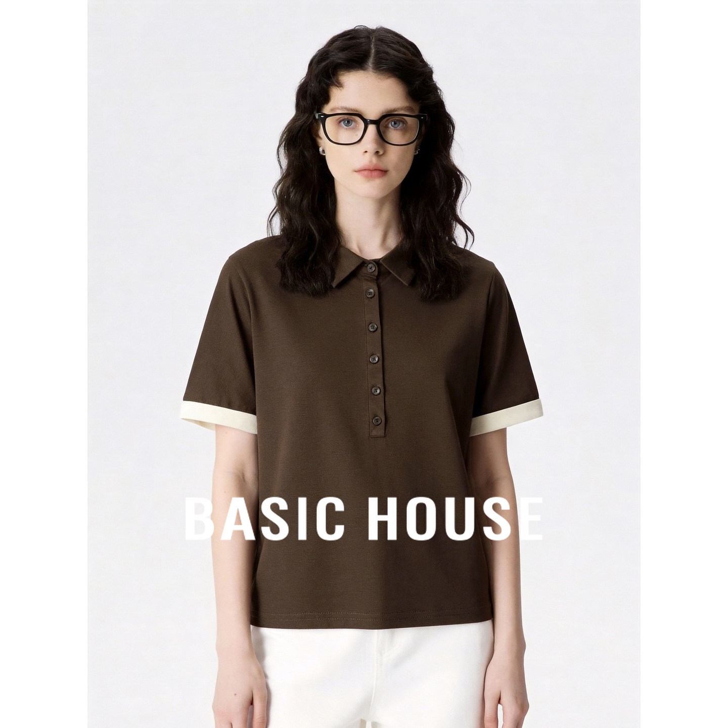 Basic House/百家好咖色休闲百搭套头上衣女夏季宽松舒适短款T恤