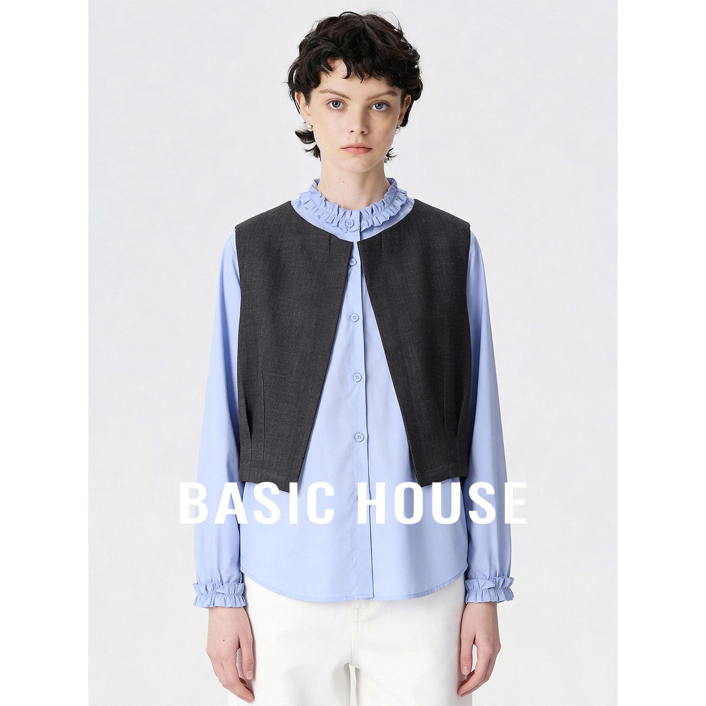 Basic House/百家好休闲套装女春季花边领衬衫西装马甲学院两件套