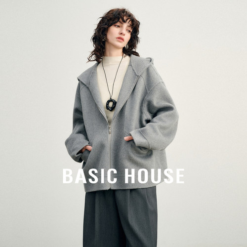 Basic House/百家好灰色羊毛短款双面呢大衣秋冬新款连帽毛呢外套