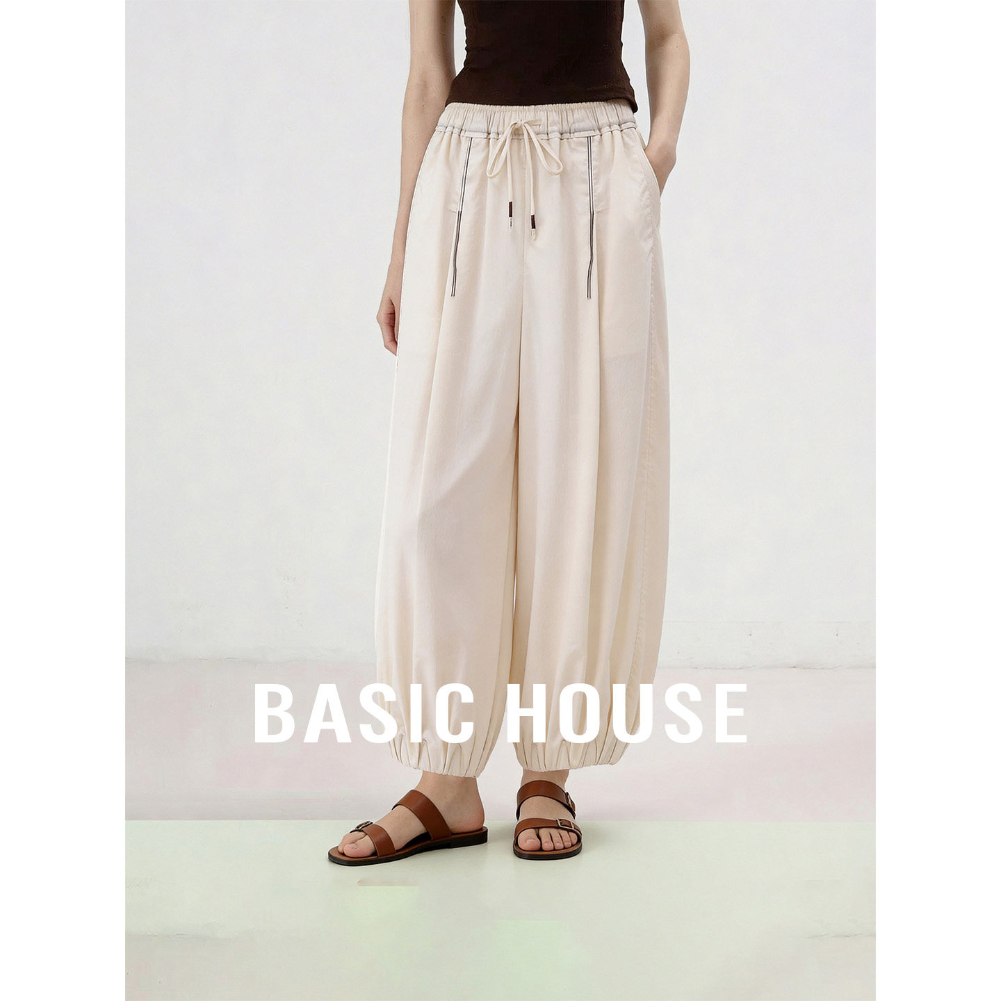 Basic House/百家好松弛感系带阔腿休闲裤秋季新款宽松显瘦九分裤