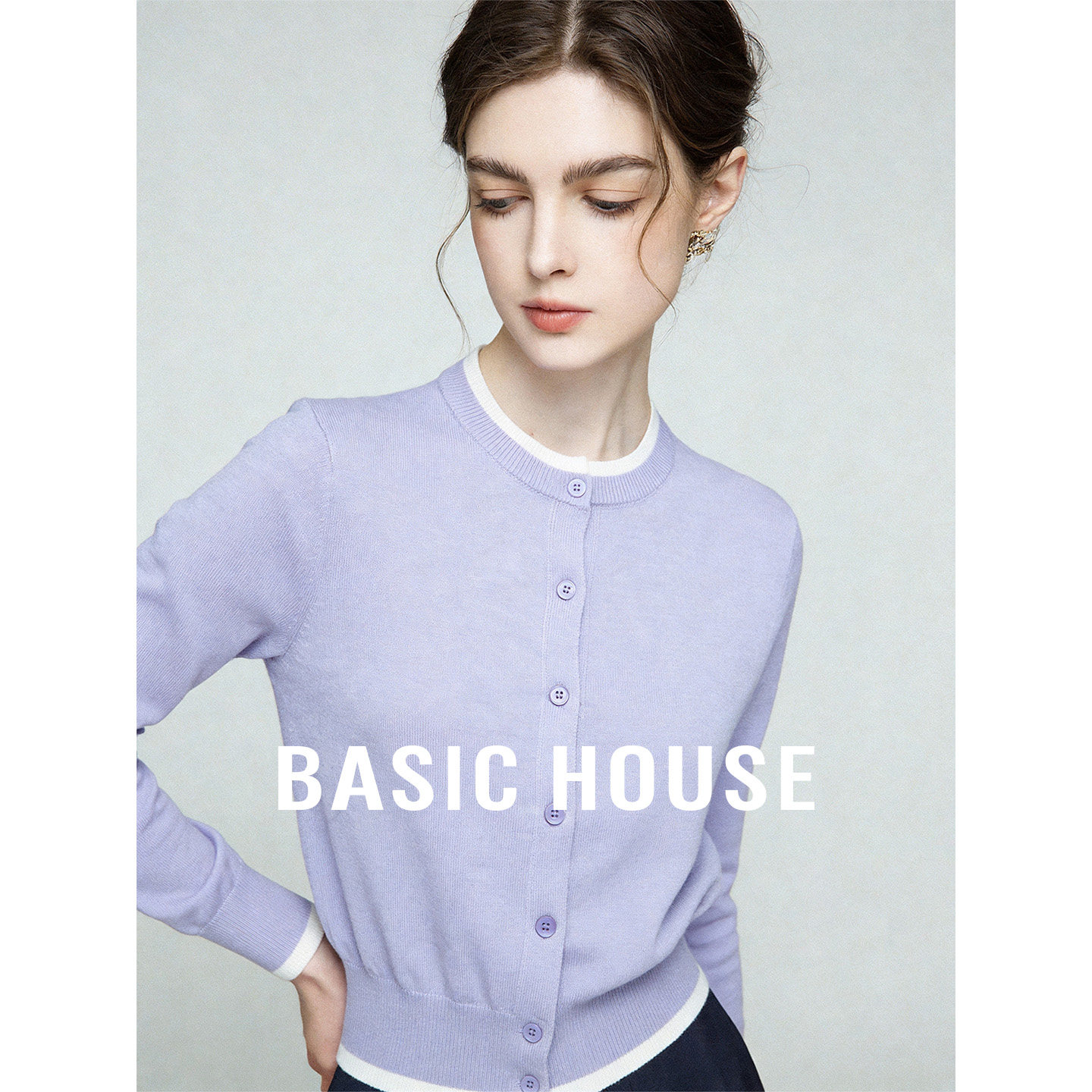Basic House/百家好紫色超好看百搭针织上衣女秋假两件短款毛衣