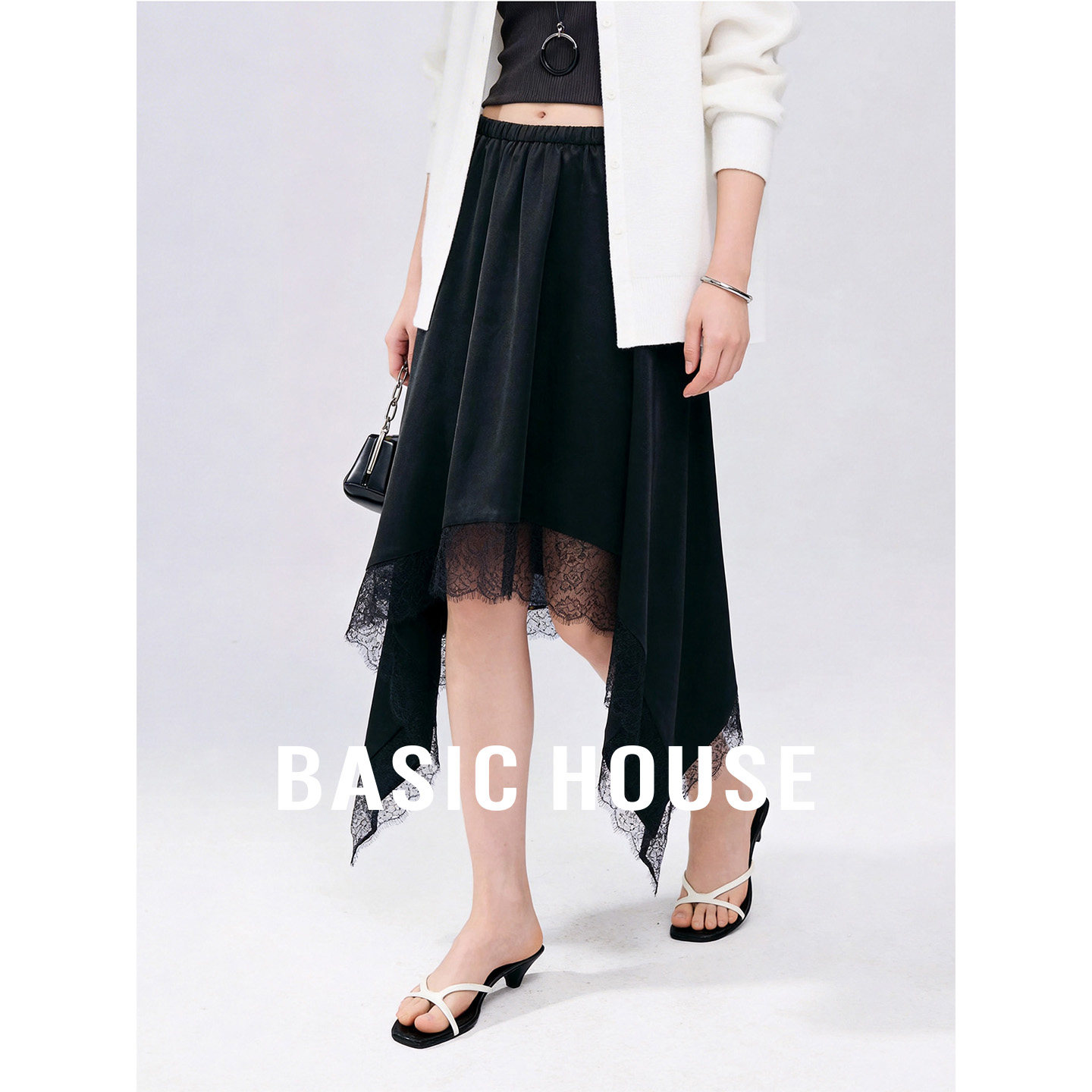 Basic House/百家好黑色网纱拼接半身裙女时髦松紧腰不规则A字裙