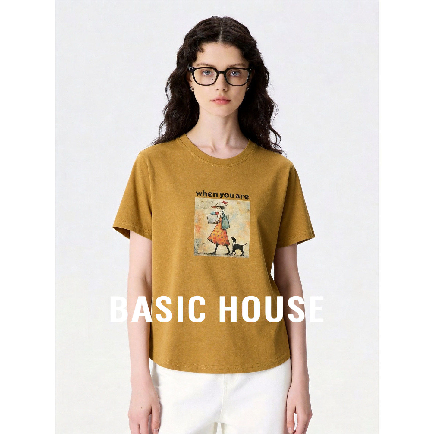 Basic House百家好95棉圆领短袖T恤女夏薄款宽松显瘦插画印花上衣