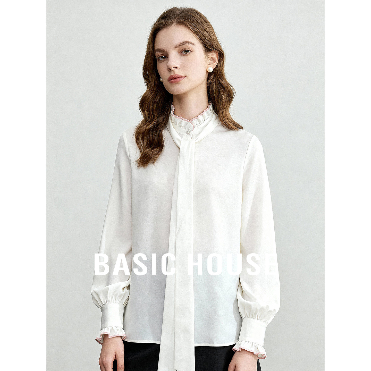 Basic House/百家好白色花瓣立领简约衬衫女春季新款小众设计上衣