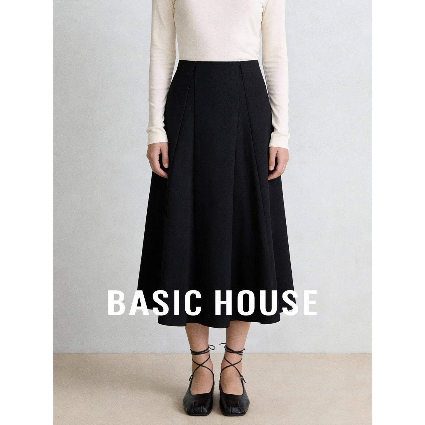 Basic House/百家好2026秋季新款黑色高腰半身裙女简约A字中长裙