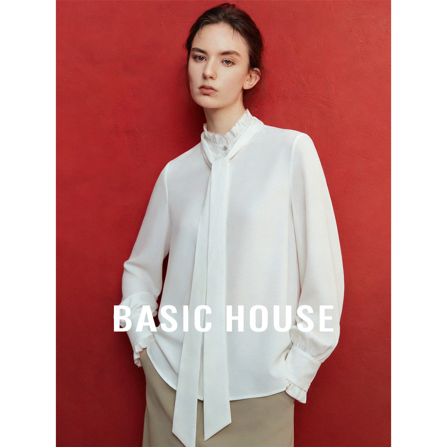 Basic House/百家好木耳边立领系带衬衫2026秋季新款宽松长袖小衫