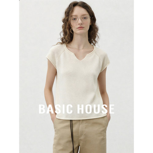Basic House/百家好小V领短袖针织T恤女夏薄款设计感小众百搭上衣