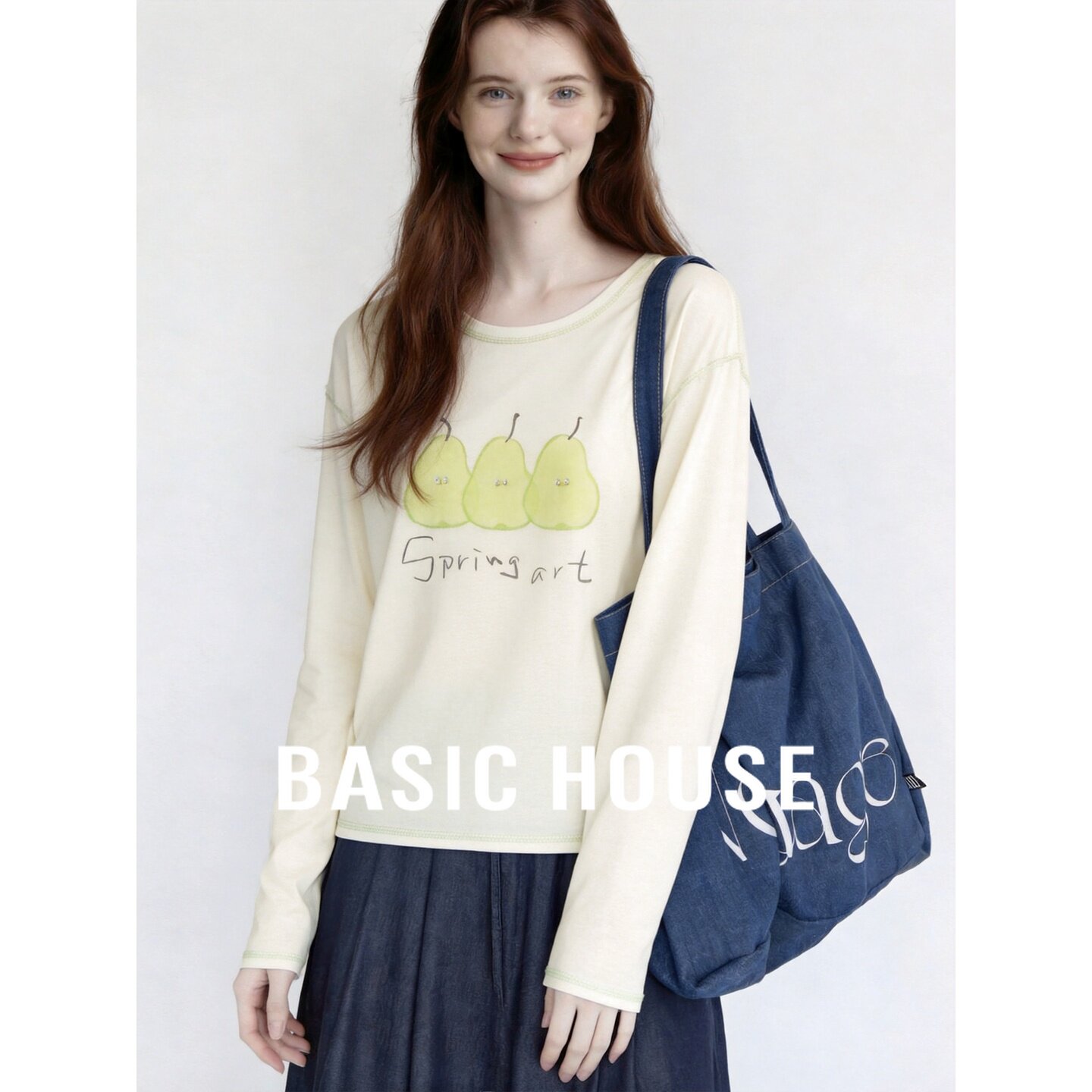 Basic House/百家好印花长袖T恤女春新款韩版宽松上衣米白色通勤