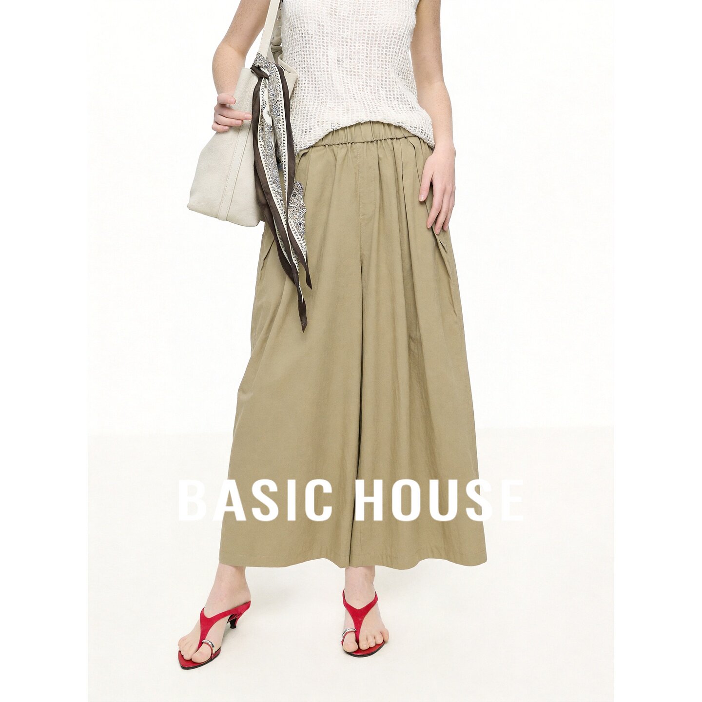 Basic House/百家好浅卡其色阔腿休闲裤女松弛感系带显瘦遮肉长裤