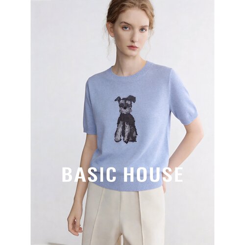 Basic House/百家好蓝色圆领小狗提花羊毛短袖针织衫女夏显瘦上衣