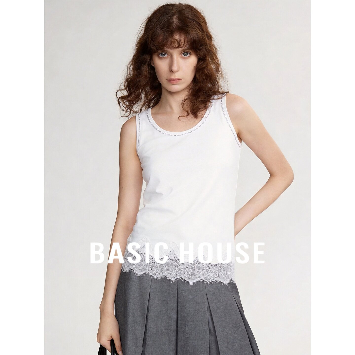 Basic House/百家好韩系蕾丝拼接无袖背心女秋季白色修身百搭上衣