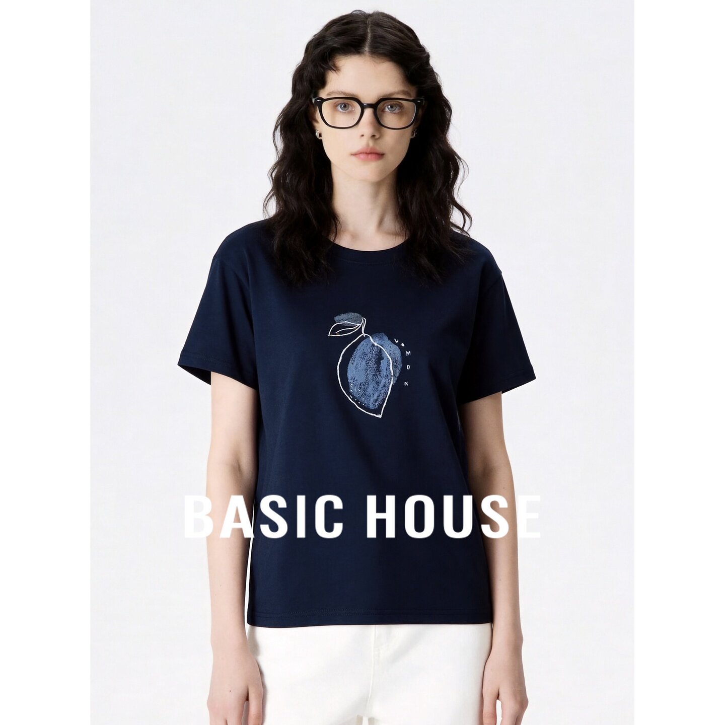 Basic House/百家好藏青显白棉质短袖女夏季圆领宽松卷边休闲T恤