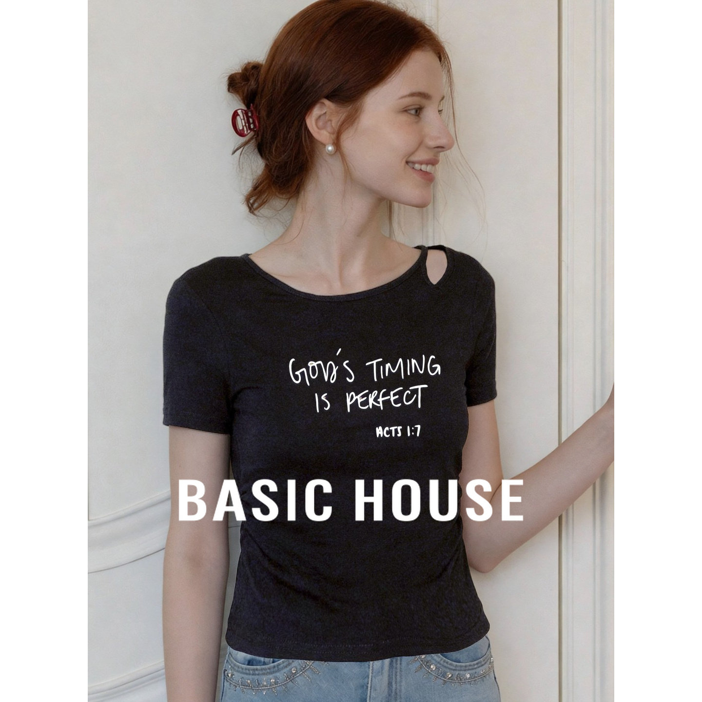Basic House/百家好韩系露肩短袖T恤女黑色修身显瘦设计感上衣