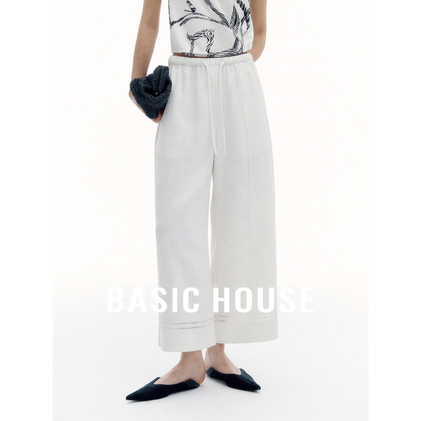 Basic House/百家好轻熟简约风白色阔腿裤女松弛感直筒休闲长裤