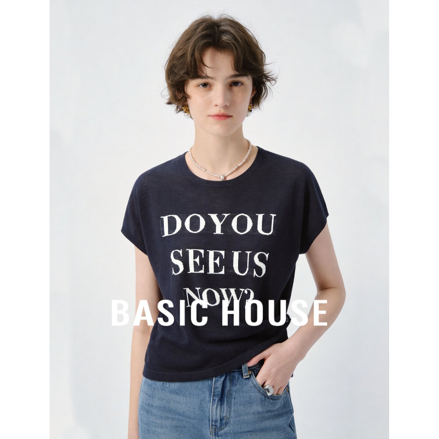 Basic House/百家好藏青收腰显瘦短袖针织衫女26夏季轻薄透气上衣