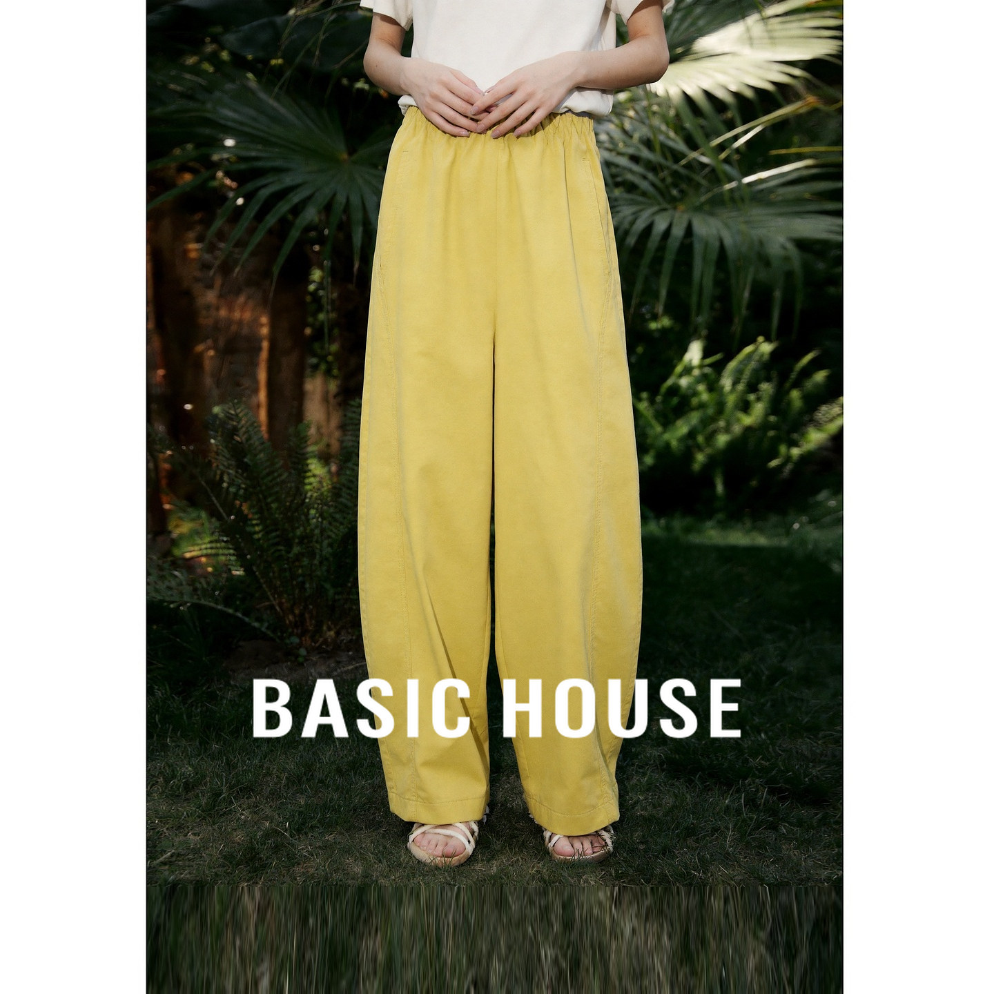 Basic House/百家好黄色高腰阔腿休闲裤女夏简约宽松遮肉百搭长裤