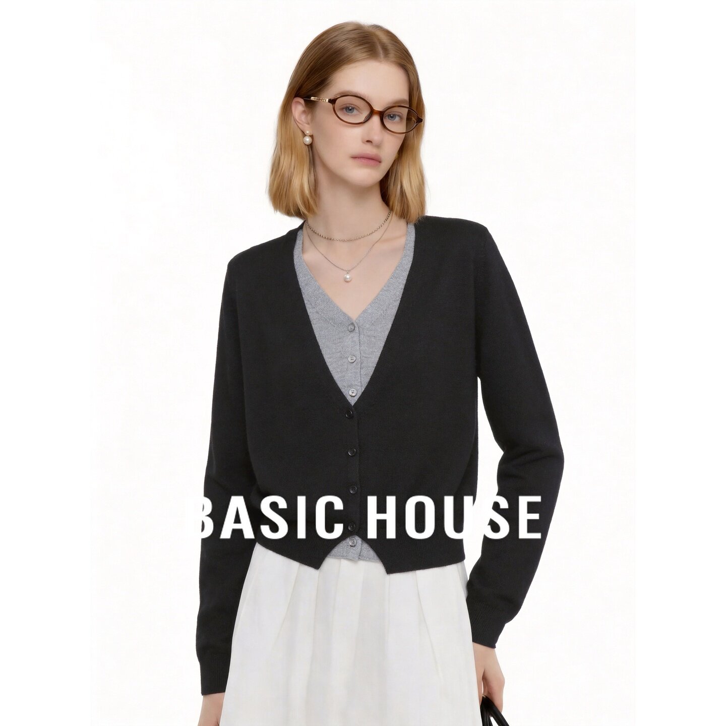 Basic House/百家好V领羊毛针织开衫长袖修身通勤女极简黑色秋季