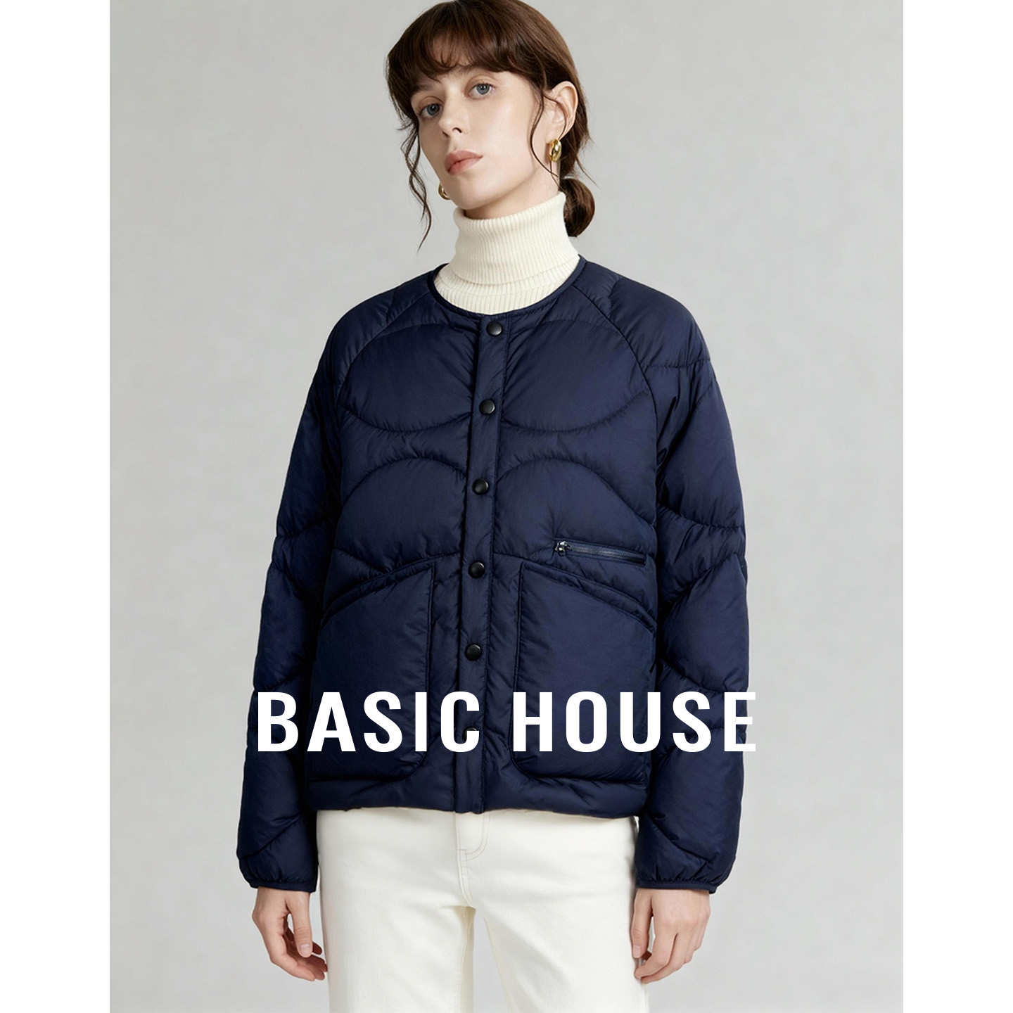 Basic House/百家好圆领短款宽松羽绒服冬新款极简白鸭绒加厚外套