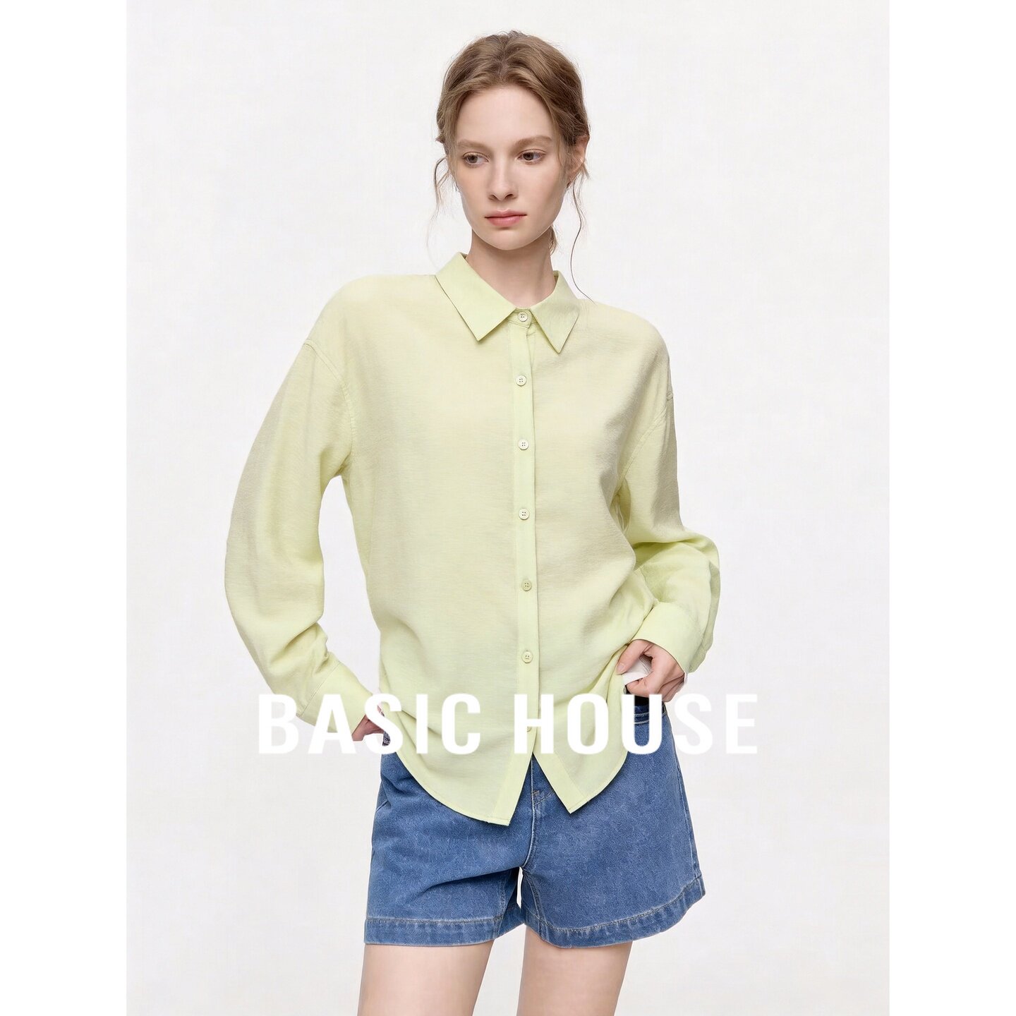 Basic House/百家好翻领长袖宽松衬衫女浅黄绿极简夏秋季通勤日常