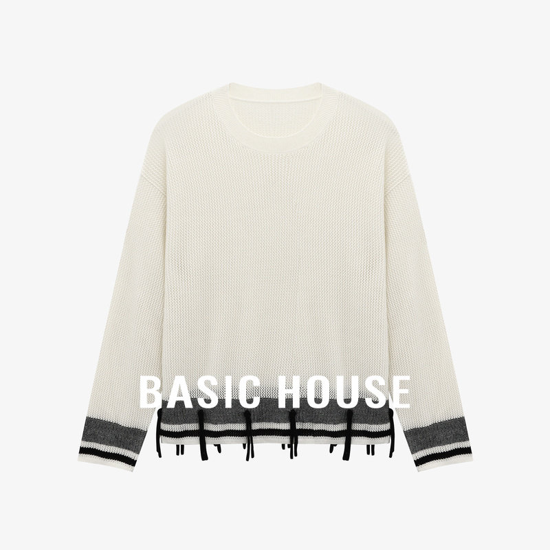 Basic House/百家好柔软舒适桑蚕丝羊毛撞色拼接流苏下摆针织衫女