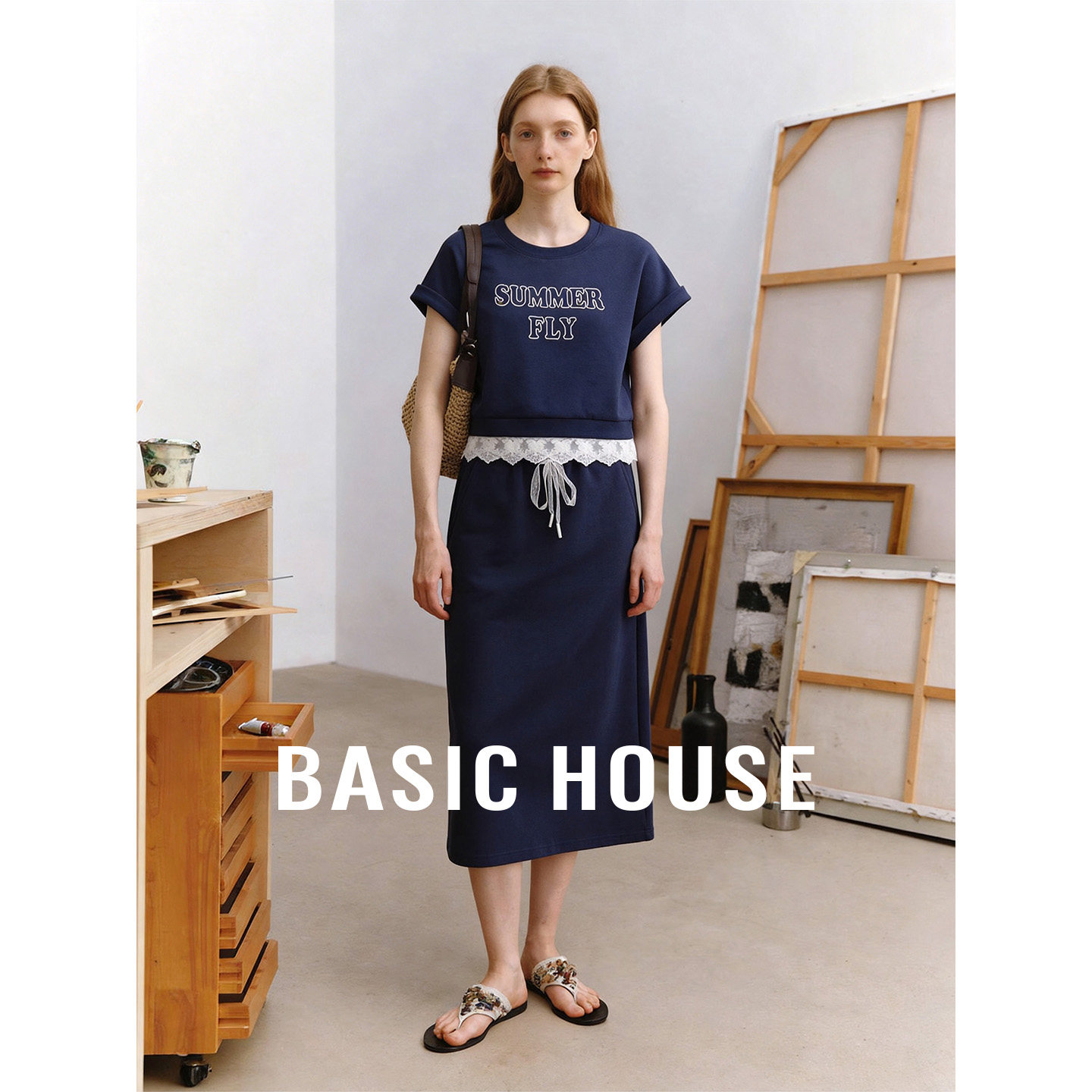 Basic House/百家好时尚休闲套装圆领短袖T恤长款半身裙两件套女