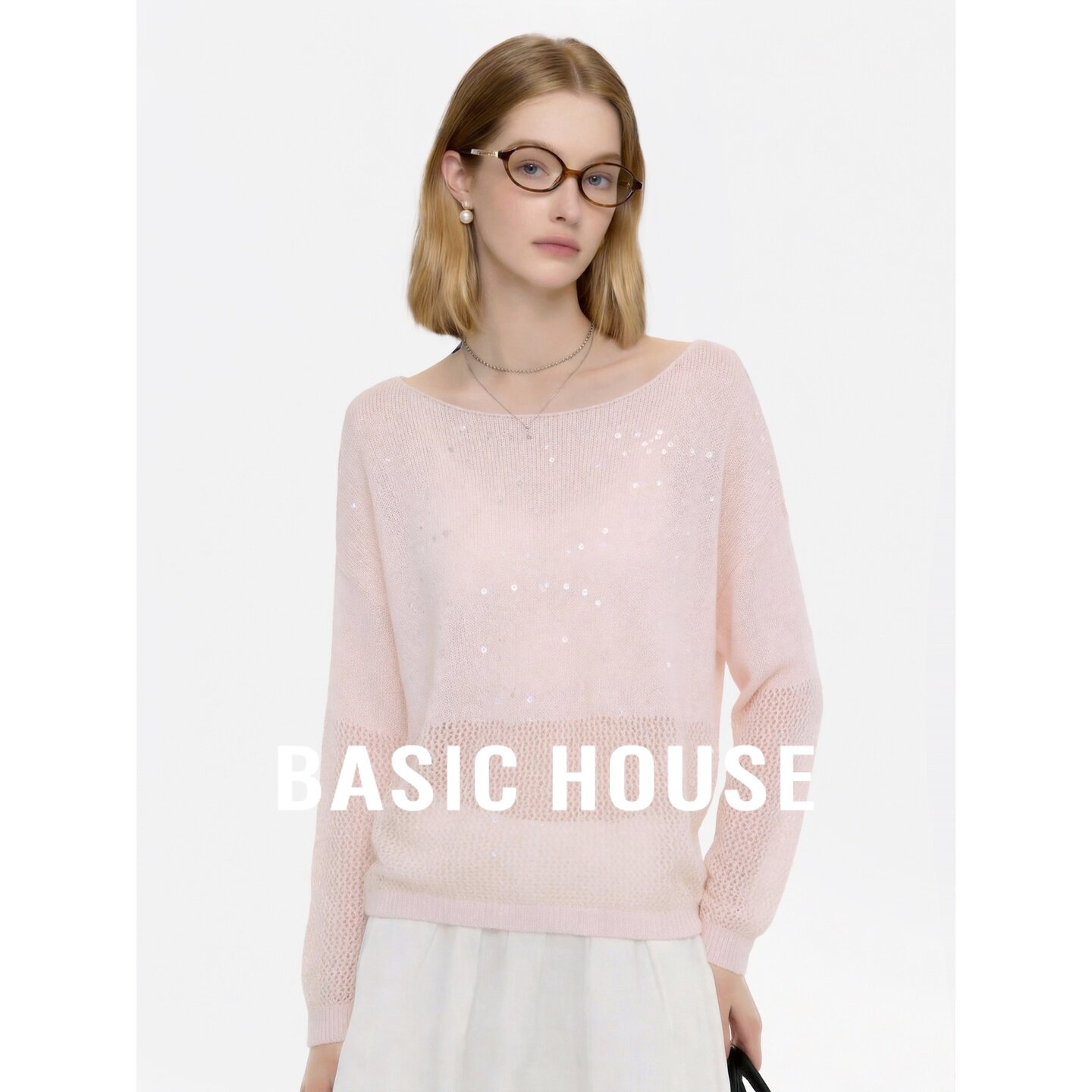 Basic House/百家好温柔风粉色镂空亮片针织衫女长袖宽松显瘦上衣