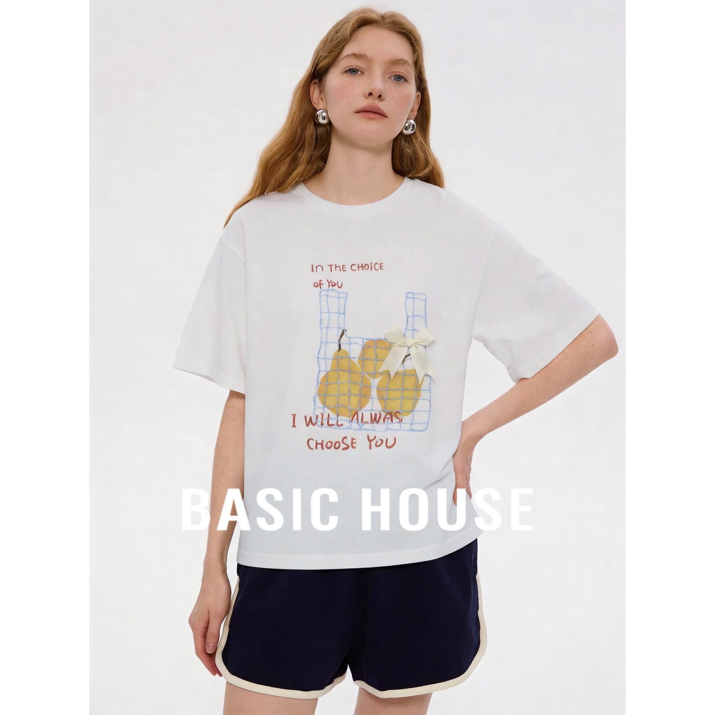Basic House/百家好温柔风蝴蝶结圆领短袖T恤女夏季减龄印花上衣