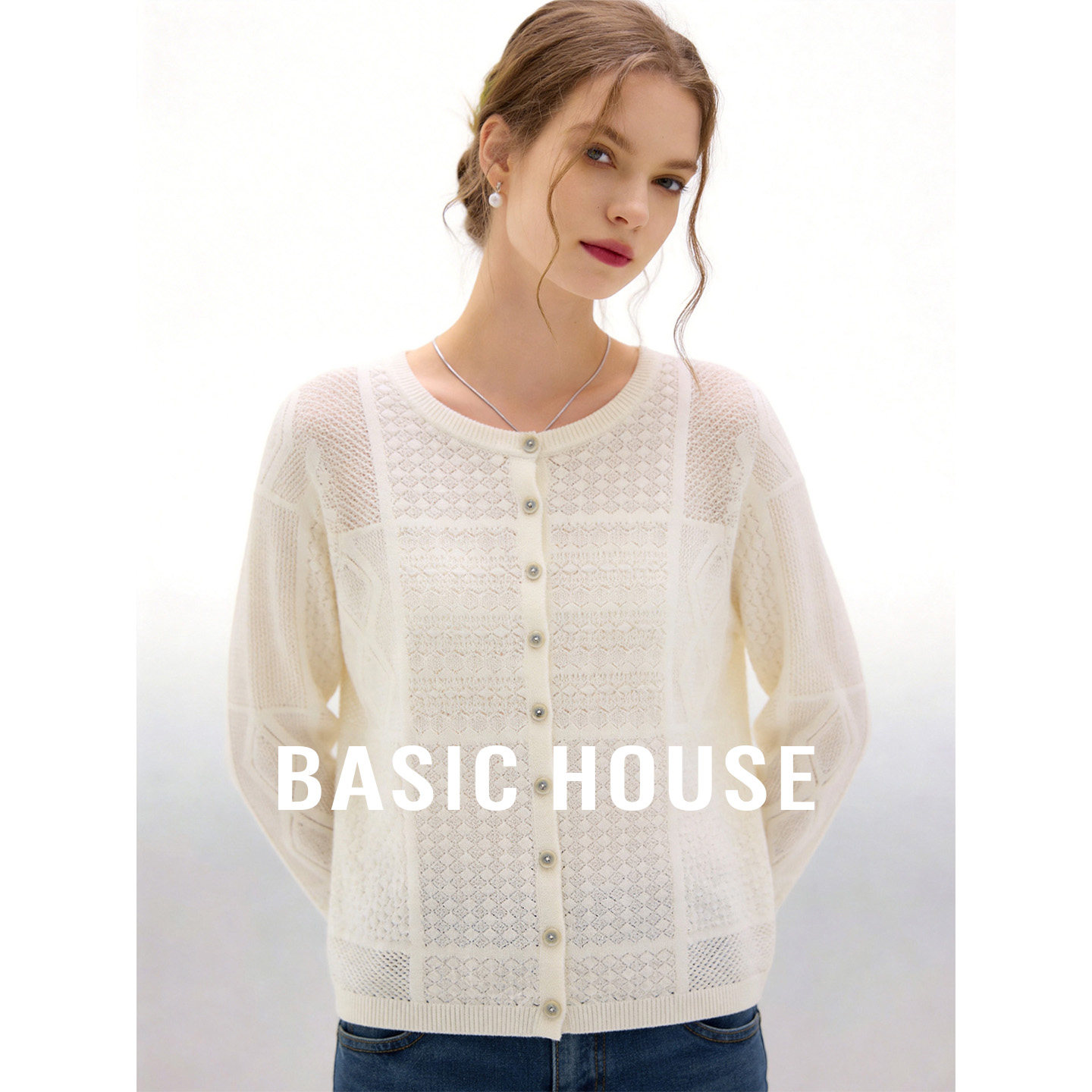 Basic House/百家好纯色镂空针织开衫夏季莱赛尔亚麻圆领外搭上衣