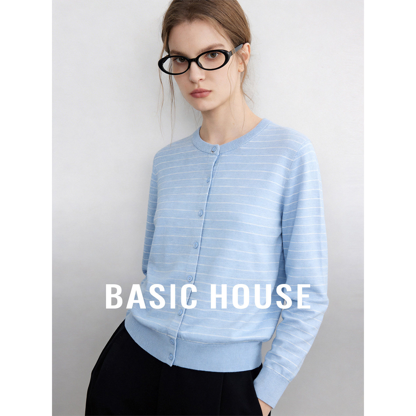 Basic House/百家好秋季简约圆领撞色条纹针织衫宽松长袖短款上衣