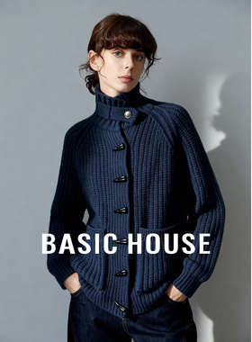 Basic House/百家好立领牛角扣毛衣开衫秋冬新款女藏青色宽松上衣
