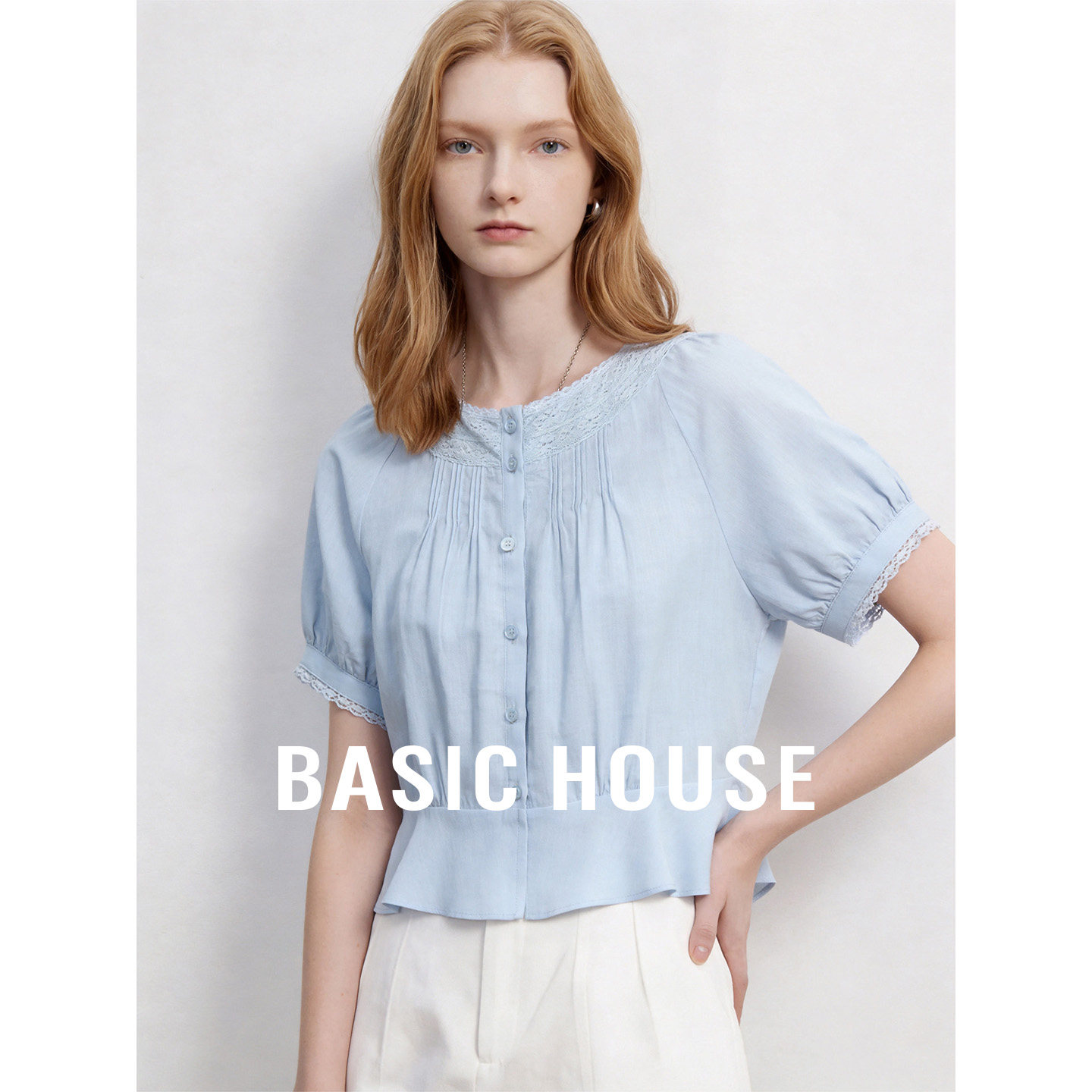 Basic House/百家好2026蓝色气质优雅短款衬衫女夏季超好看上衣