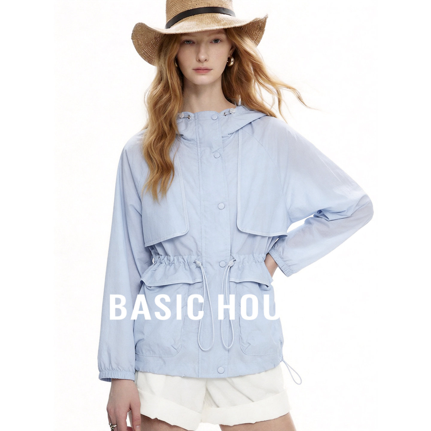 Basic House/百家好蓝色韩系连帽收腰短外套女26夏季薄款防晒上衣