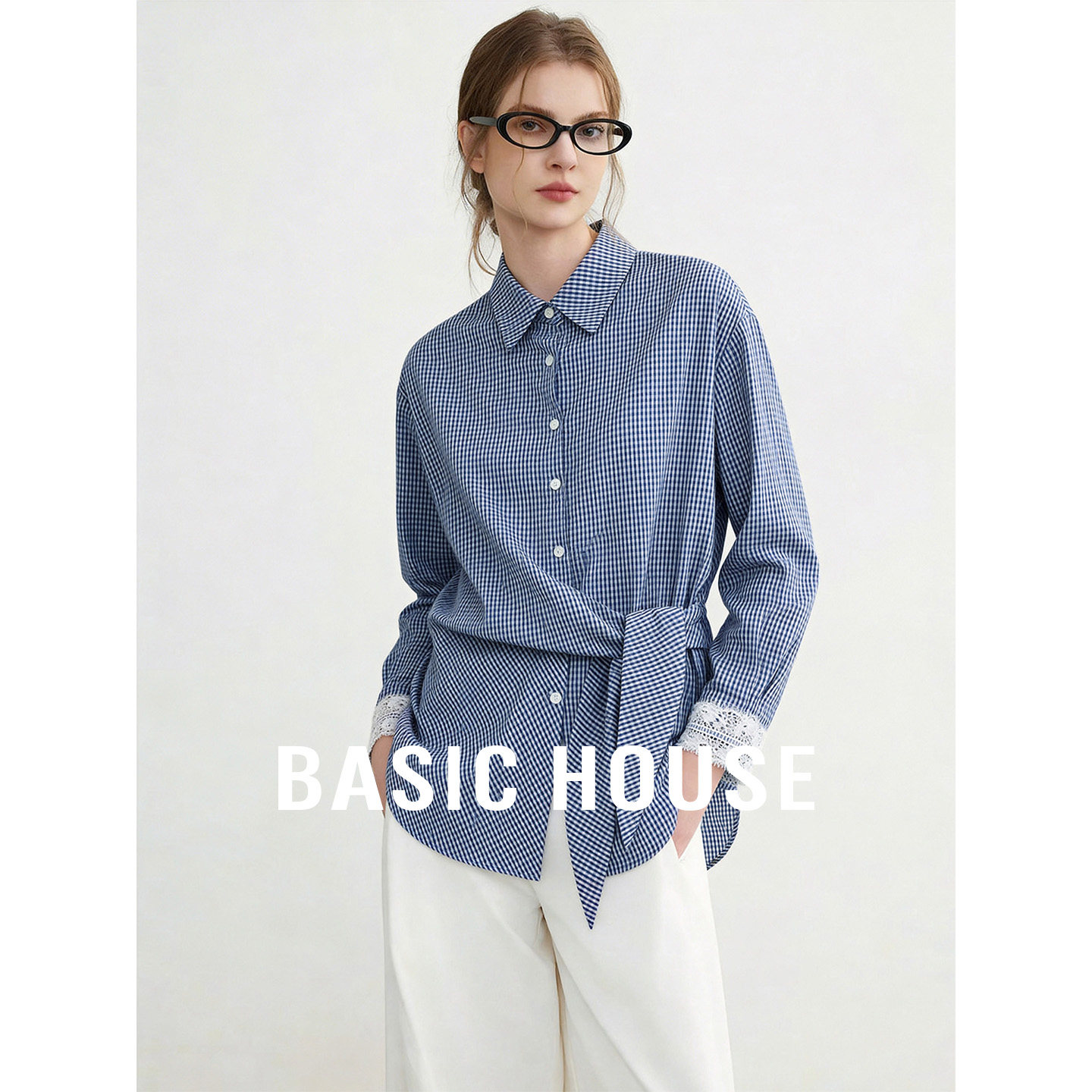 Basic House/百家好格子蕾丝拼接收腰衬衫女夏季设计感百搭上衣