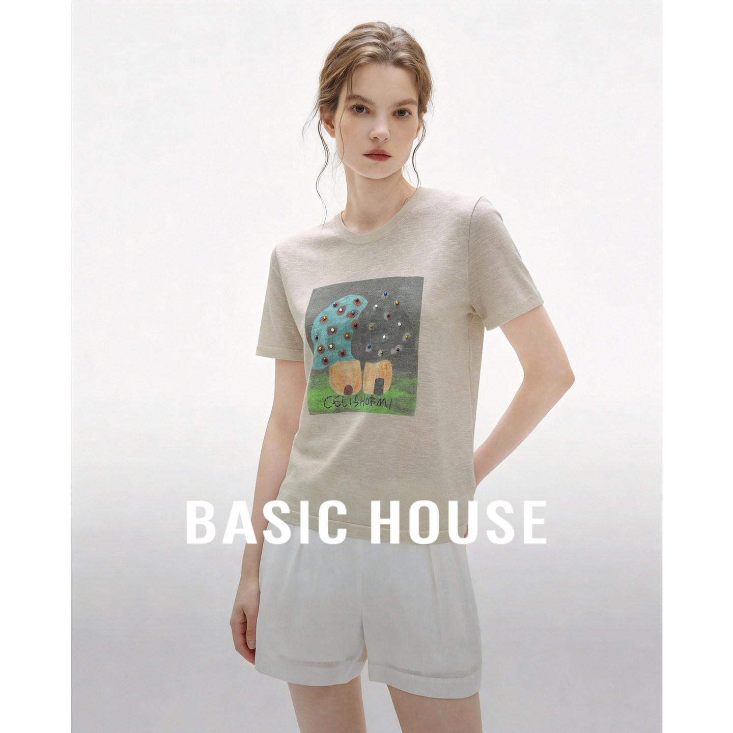 Basic House/百家好浅杏圆领正肩短袖针织衫女2026夏柔软亲肤T恤