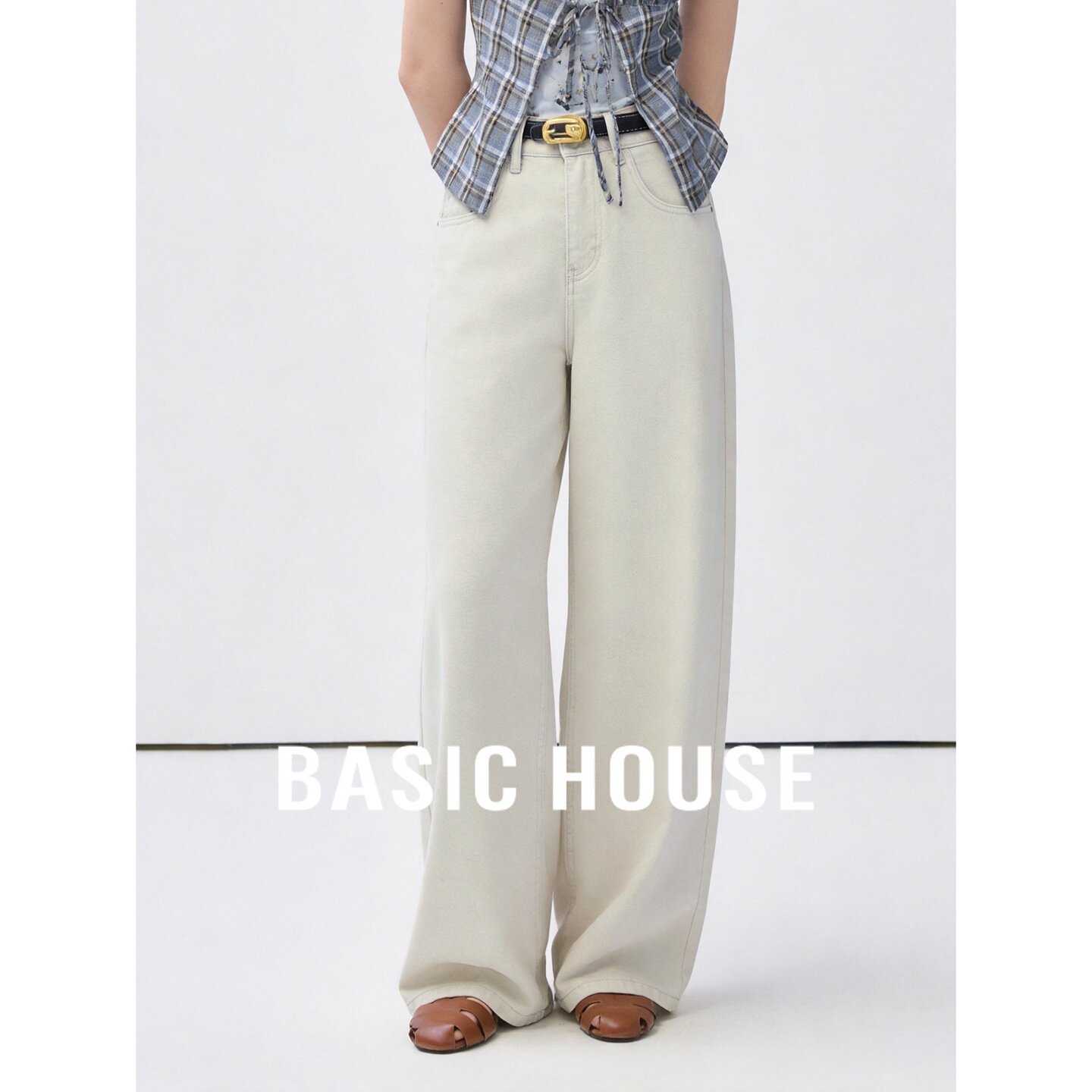 Basic House/百家好灰白色棉质高腰宽松显瘦百搭女装阔腿休闲裤秋