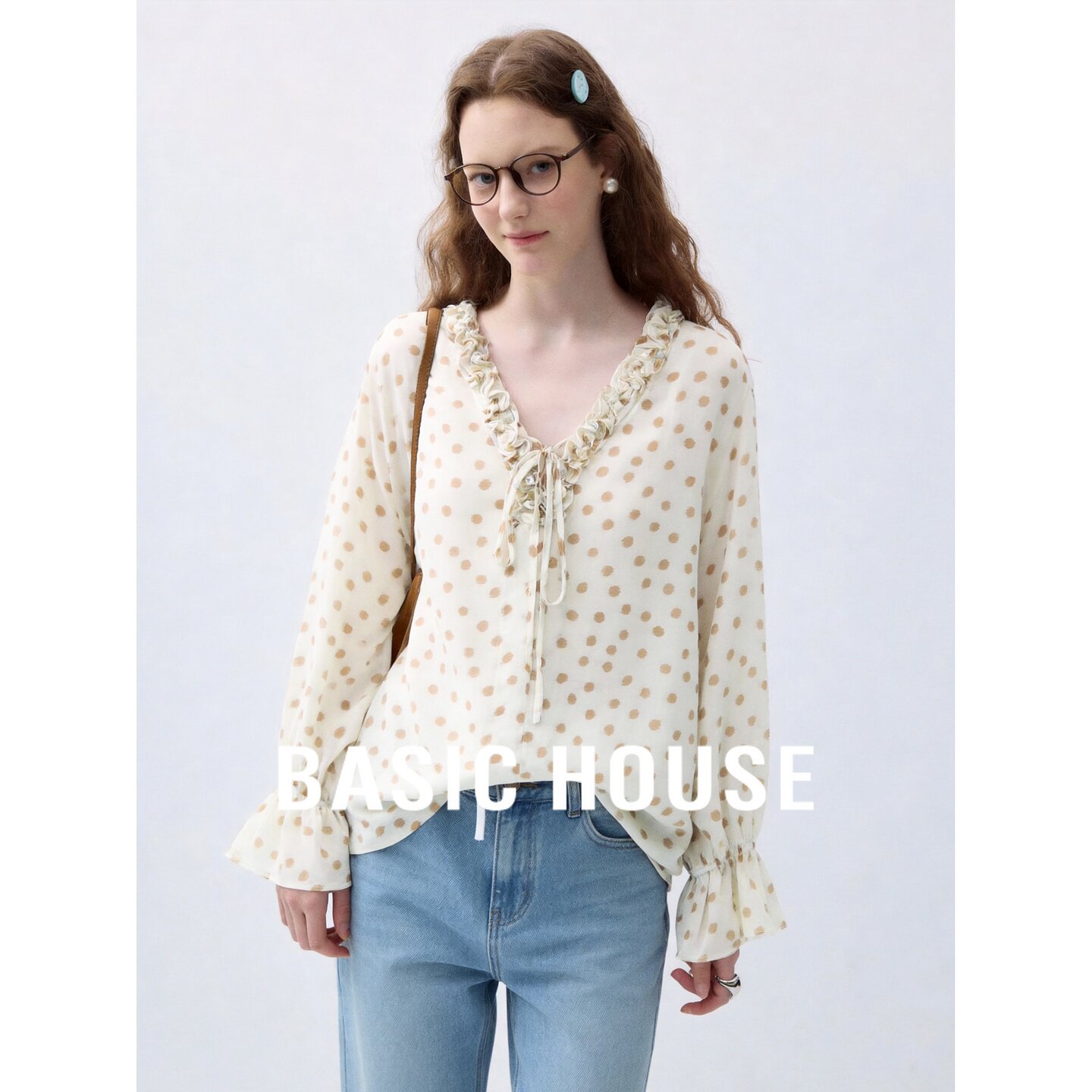 Basic House/百家好法式波点荷叶边衬衫女系带垂感好长袖上衣新款