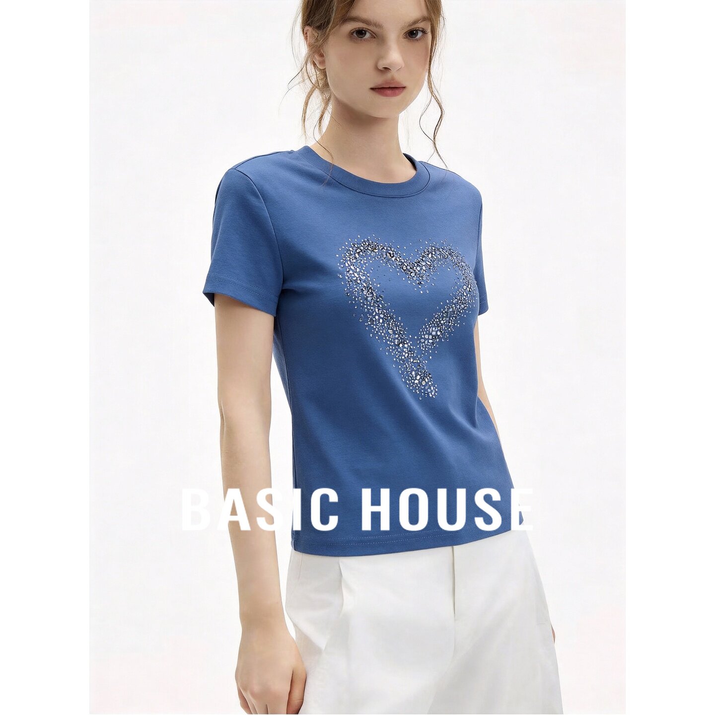 Basic House/百家好牛仔蓝色圆领短袖T恤女夏设计感爱心百搭上衣