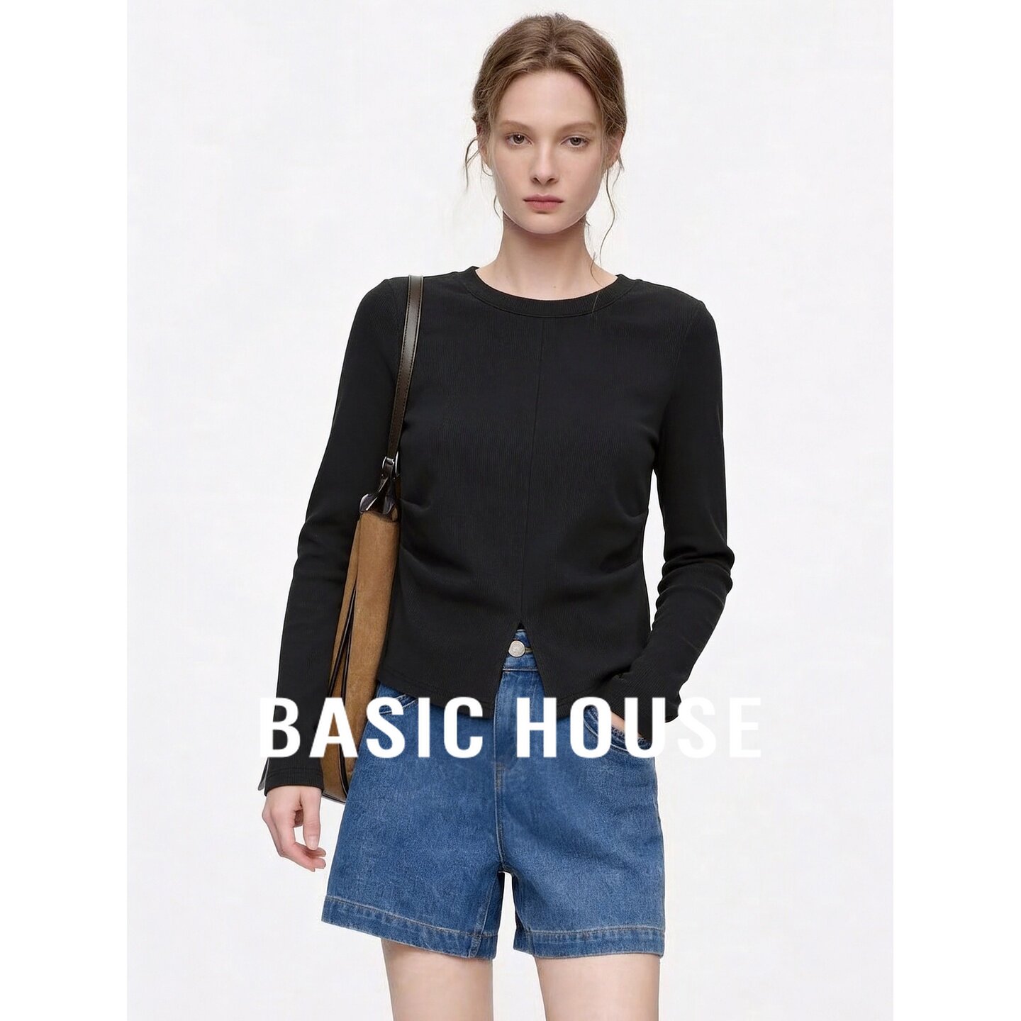 Basic House/百家好黑色圆领长袖针织开衩上衣极简女装秋夏通勤