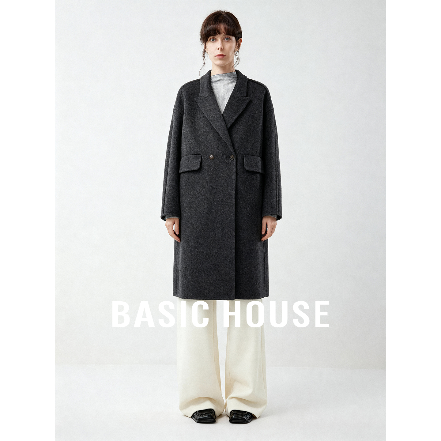 Basic House/百家好西装领宽松H型长款双面呢大衣女秋冬保暖外套