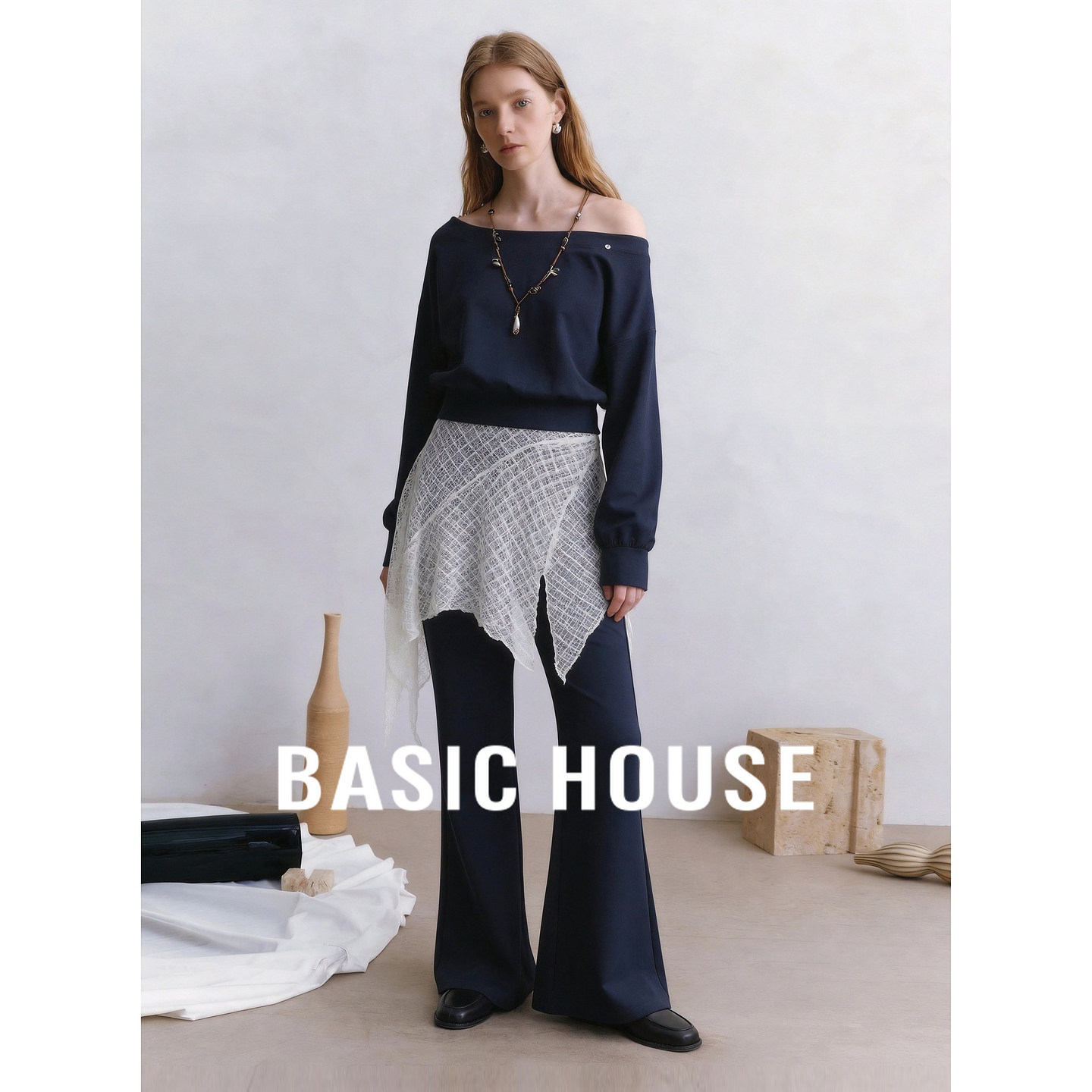 Basic House/百家好2026秋圆领长袖上衣高腰格纹半身裙两件套套装