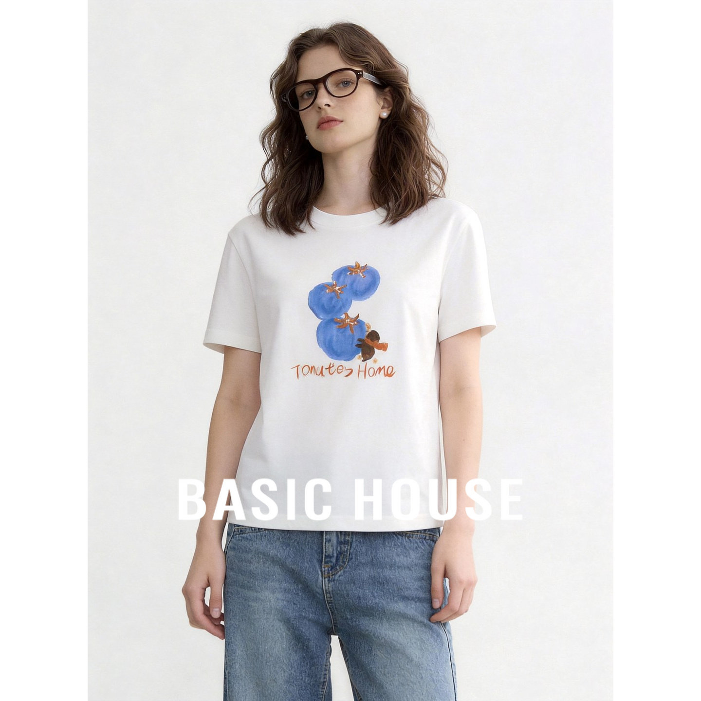 Basic House/百家好番茄印花短袖T恤女2026夏季白色宽松棉质上衣