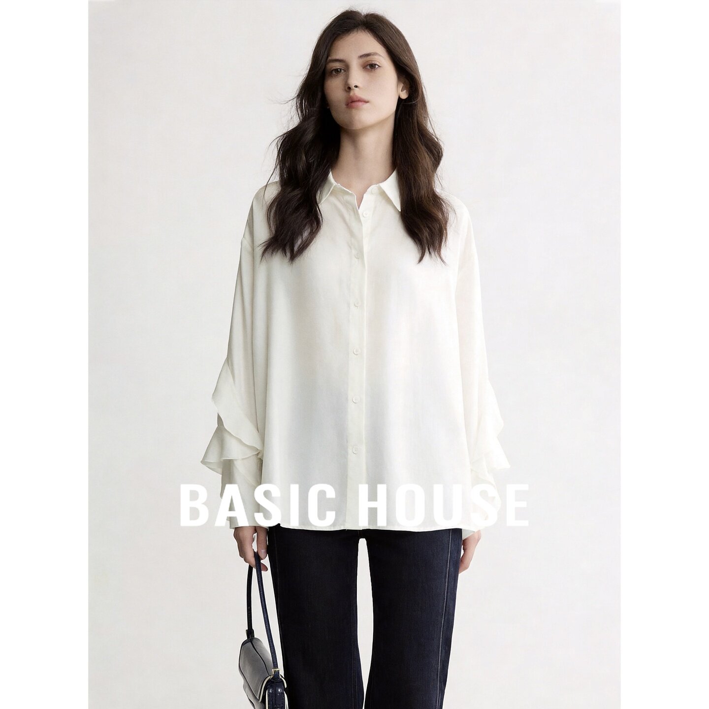 Basic House/百家好莱赛尔白色翻领长袖衬衫女宽松荷叶边气质上衣
