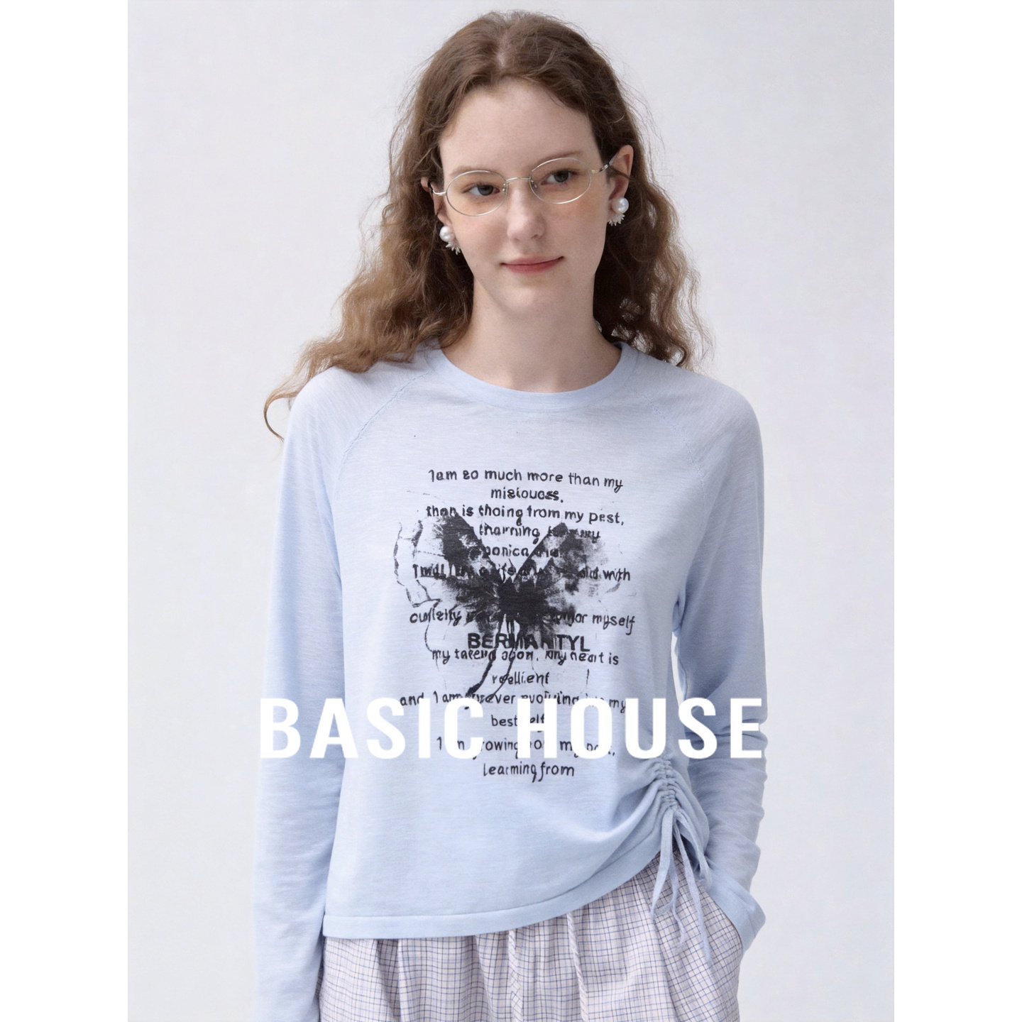 Basic House/百家好抽绳设计针织衫女长袖圆领轻薄防晒罩衫上衣
