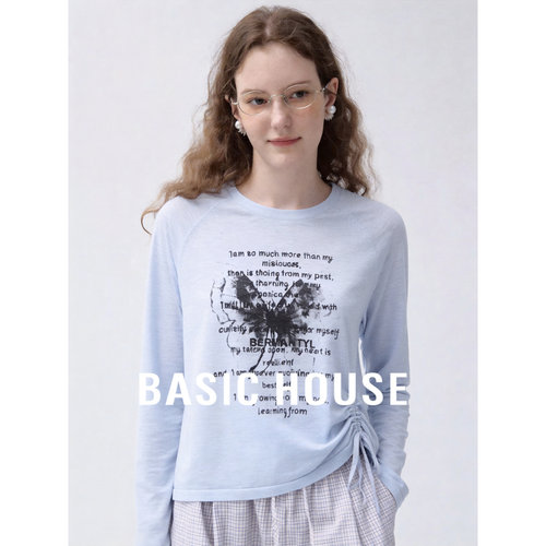 Basic House/百家好抽绳设计针织衫女长袖圆领轻薄防晒罩衫上衣