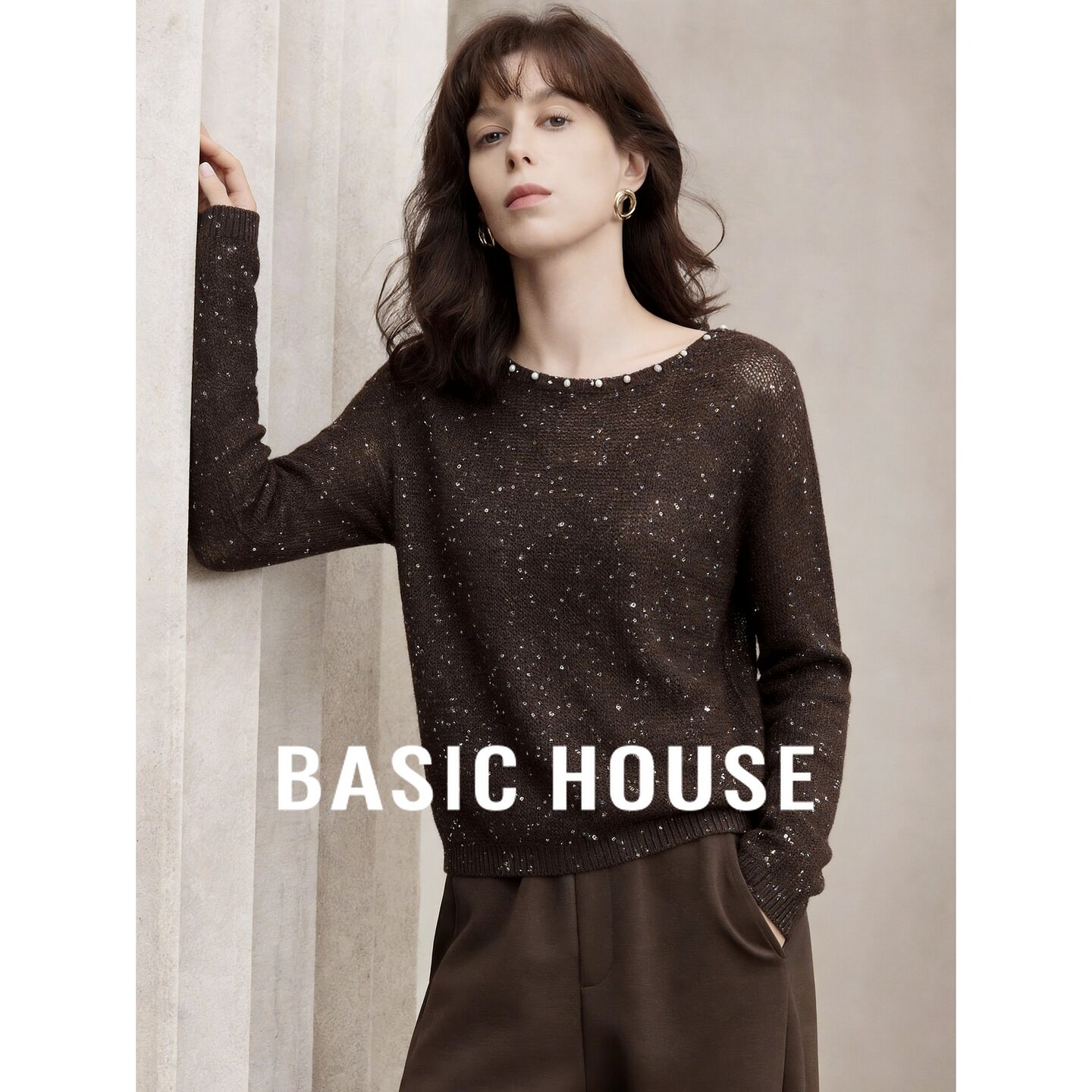 Basic House/百家好珍珠领镂空针织衫女秋松弛感长袖宽松圆领上衣